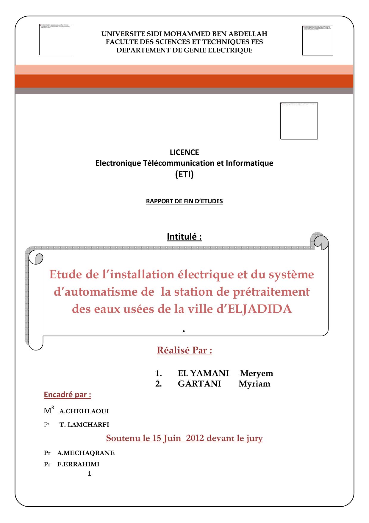 Etude de l’installation électrique et du système d’automatisme de la station de prétraitement des eaux usées de la ville d’ELJADIDA