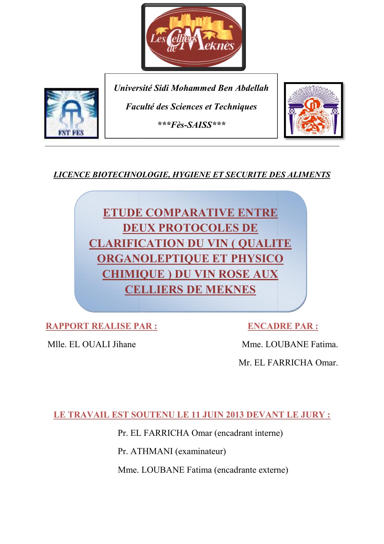 Etude comparative entre deux protocoles de clarification du vin (qualité organoléptique et physicochimique) du vin rose aux celliers de Meknès