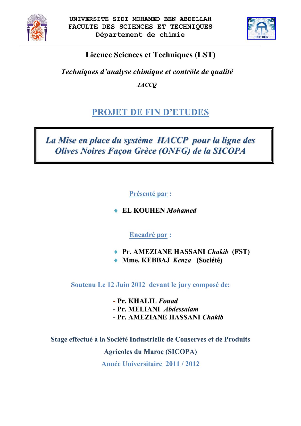 La Mise en place du système HACCP pour la ligne des Olives Noires Façon Grèce (ONFG) de la SICOPA