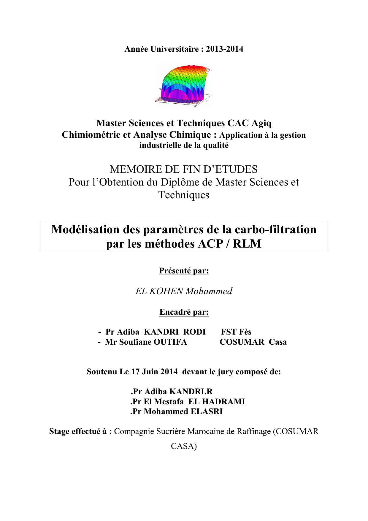 Modélisation des paramètres de la carbo-filtration par les méthodes ACP / RLM