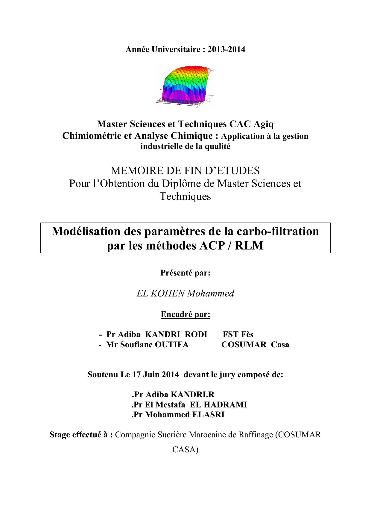 Modélisation des paramètres de la carbo-filtration par les méthodes ACP / RLM