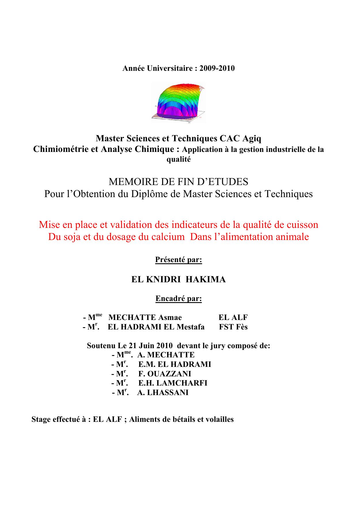 Mise en place et validation des indicateurs de la qualité de cuisson Du soja et du dosage du calcium Dans l’alimentation animale