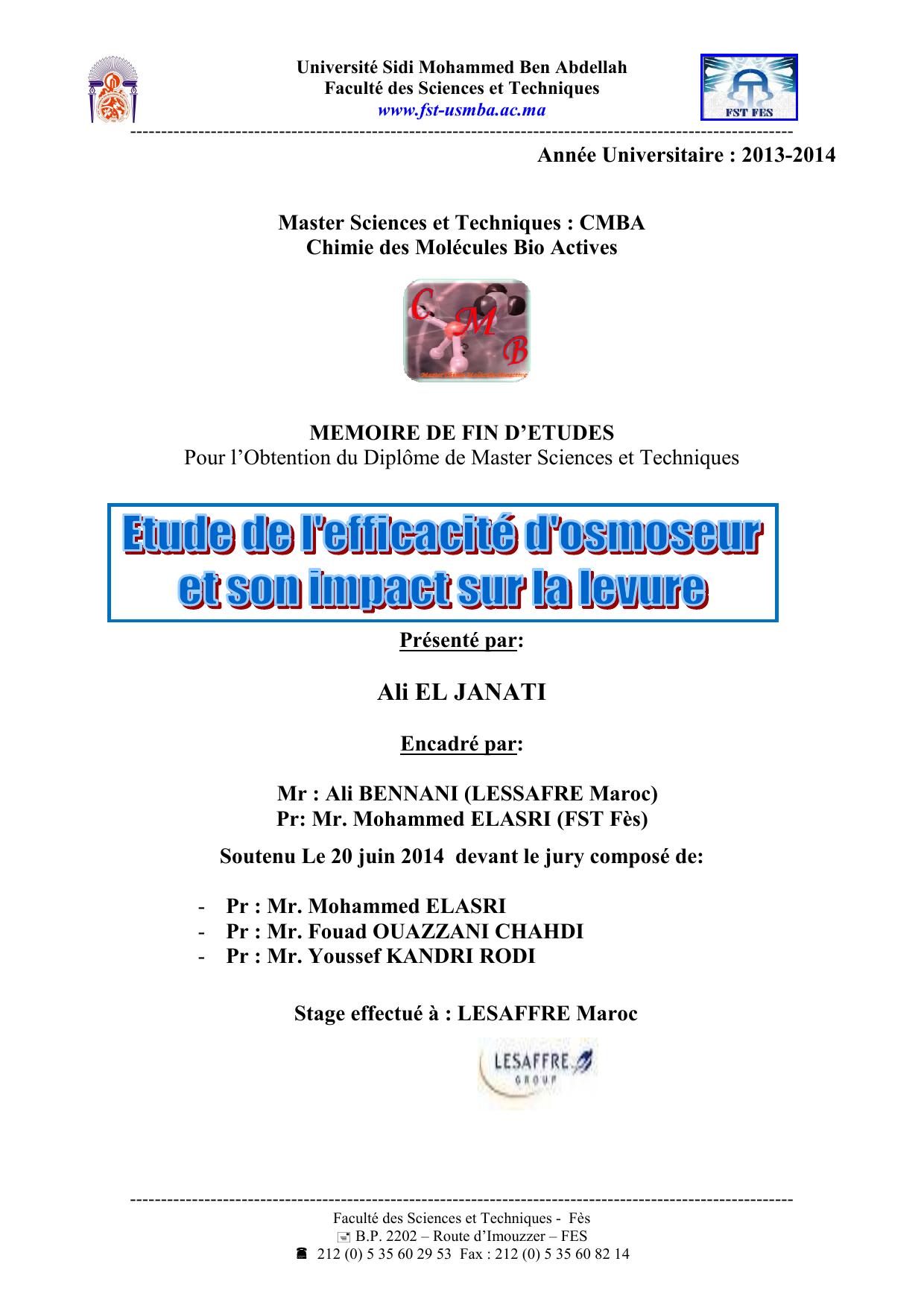 Etude de l’efficacité d’eau par osmoseur et son impact sur la levure