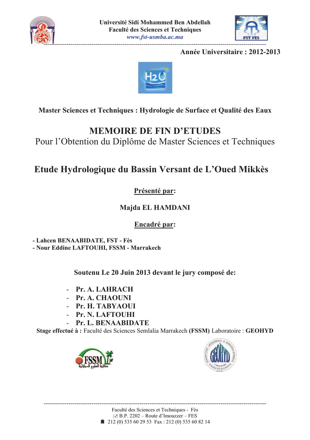 Etude Hydrologique du Bassin Versant de L’Oued Mikkès