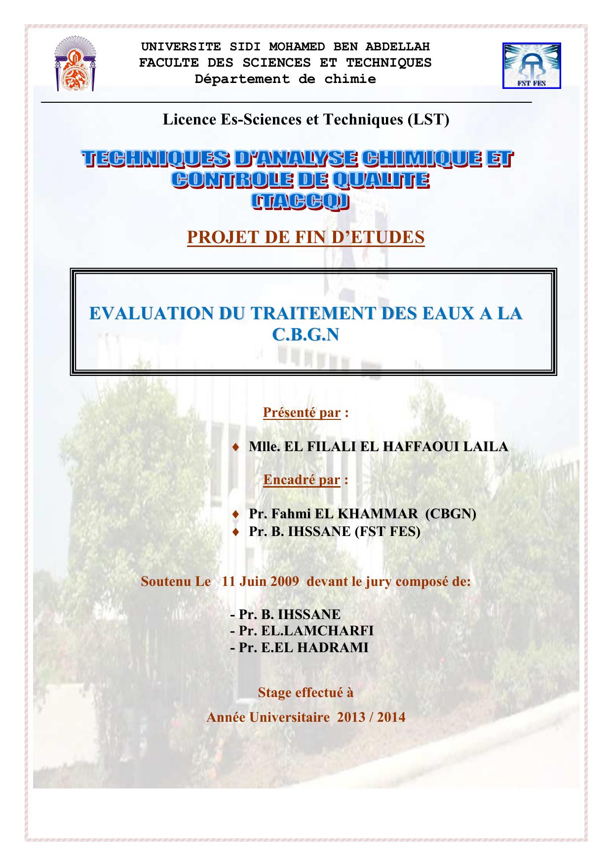 EVALUATION DU TRAITEMENT DES EAUX A LA C.B.G.N