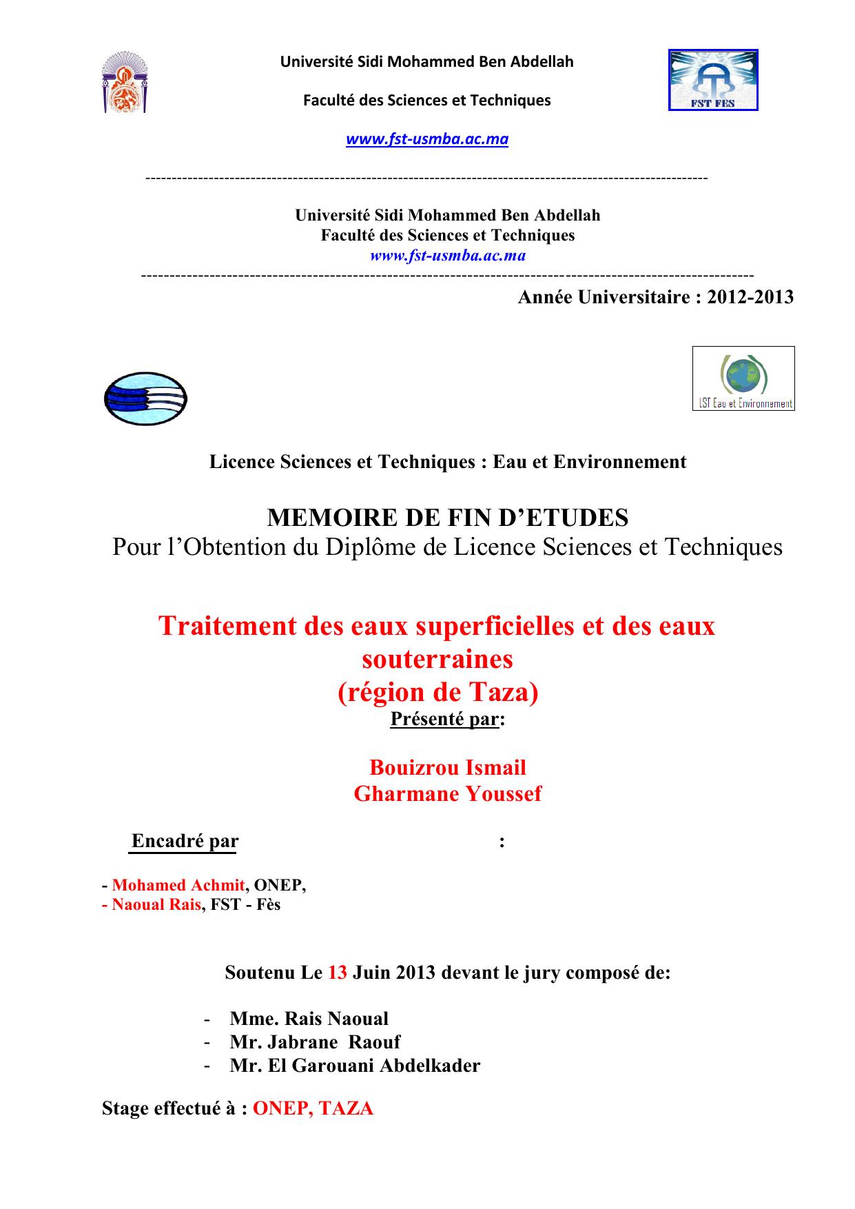 Traitement des eaux superficielles et des eaux souterraines (région de Taza)