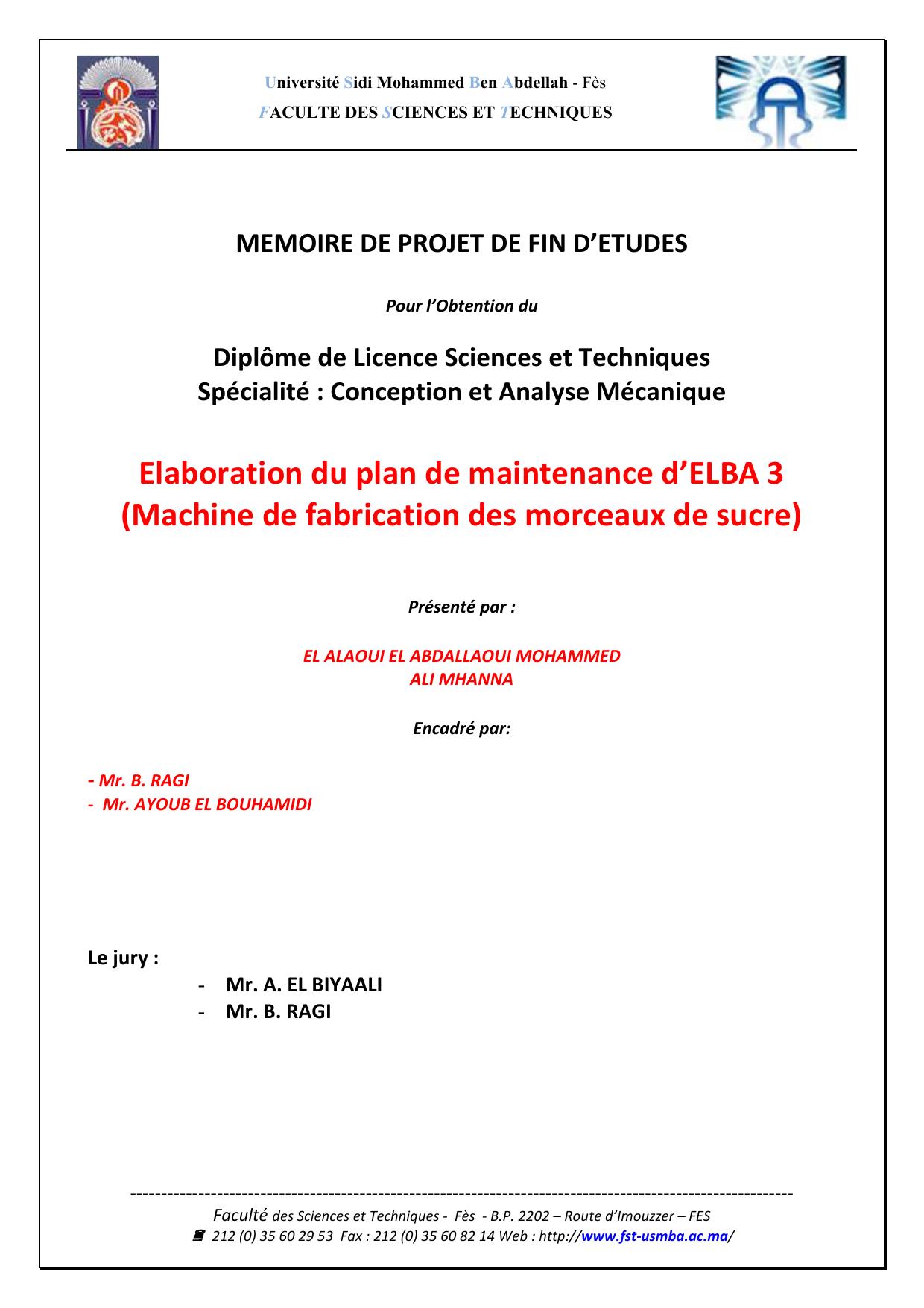 Elaboration du plan de maintenance d’ELBA 3 (Machine de fabrication des morceaux de sucre)