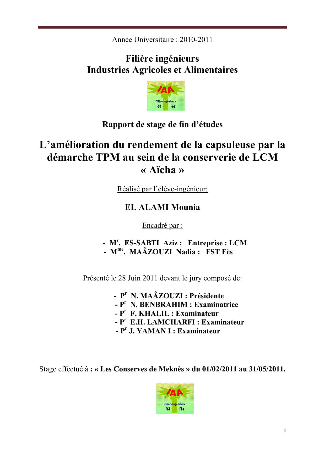 L’amélioration du rendement de la capsuleuse par la démarche TPM au sein de la conserverie de LCM « Aïcha »