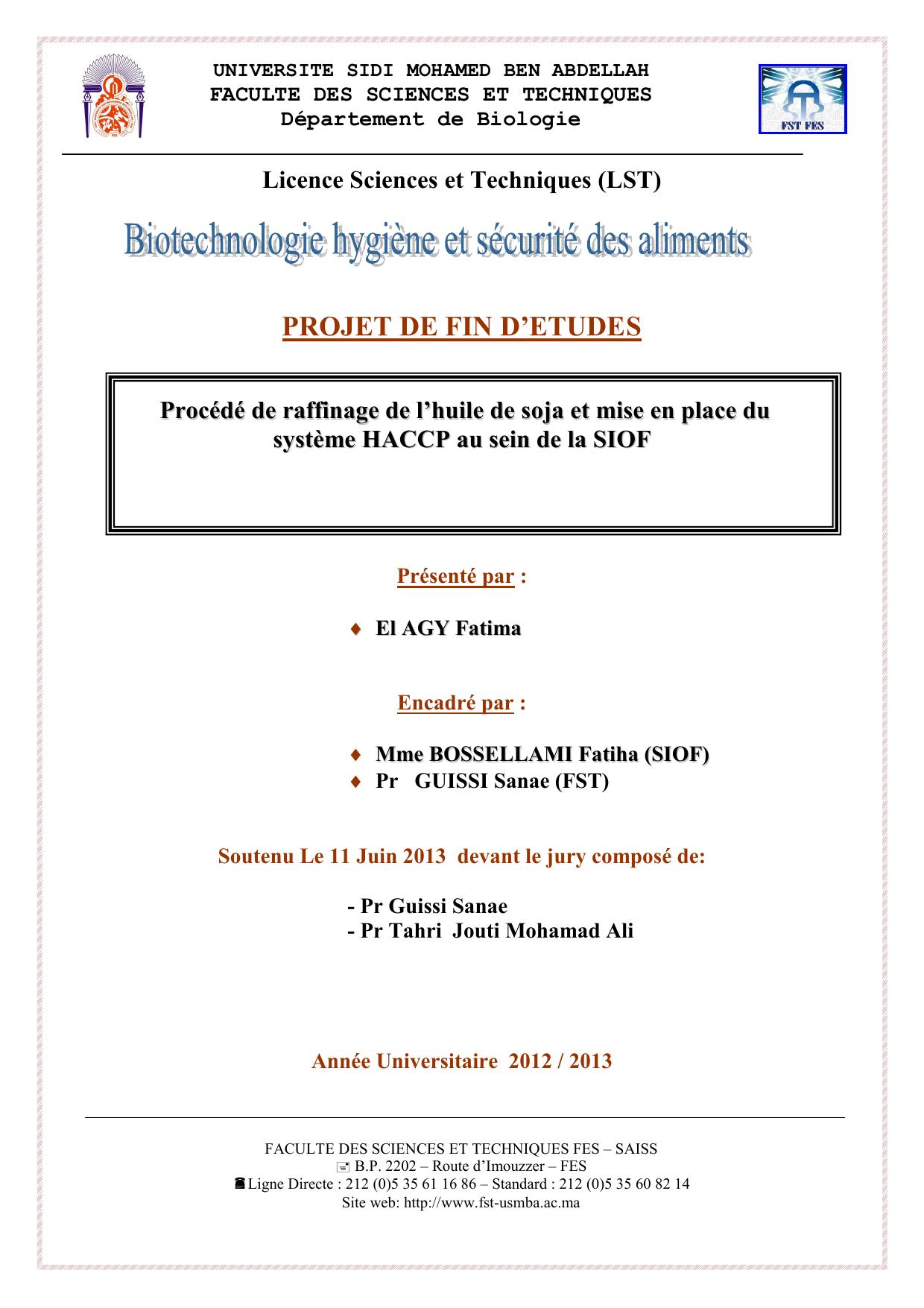 Procédé de raffinage de l’huile de soja et mise en place du système HACCP au sein de la SIOF