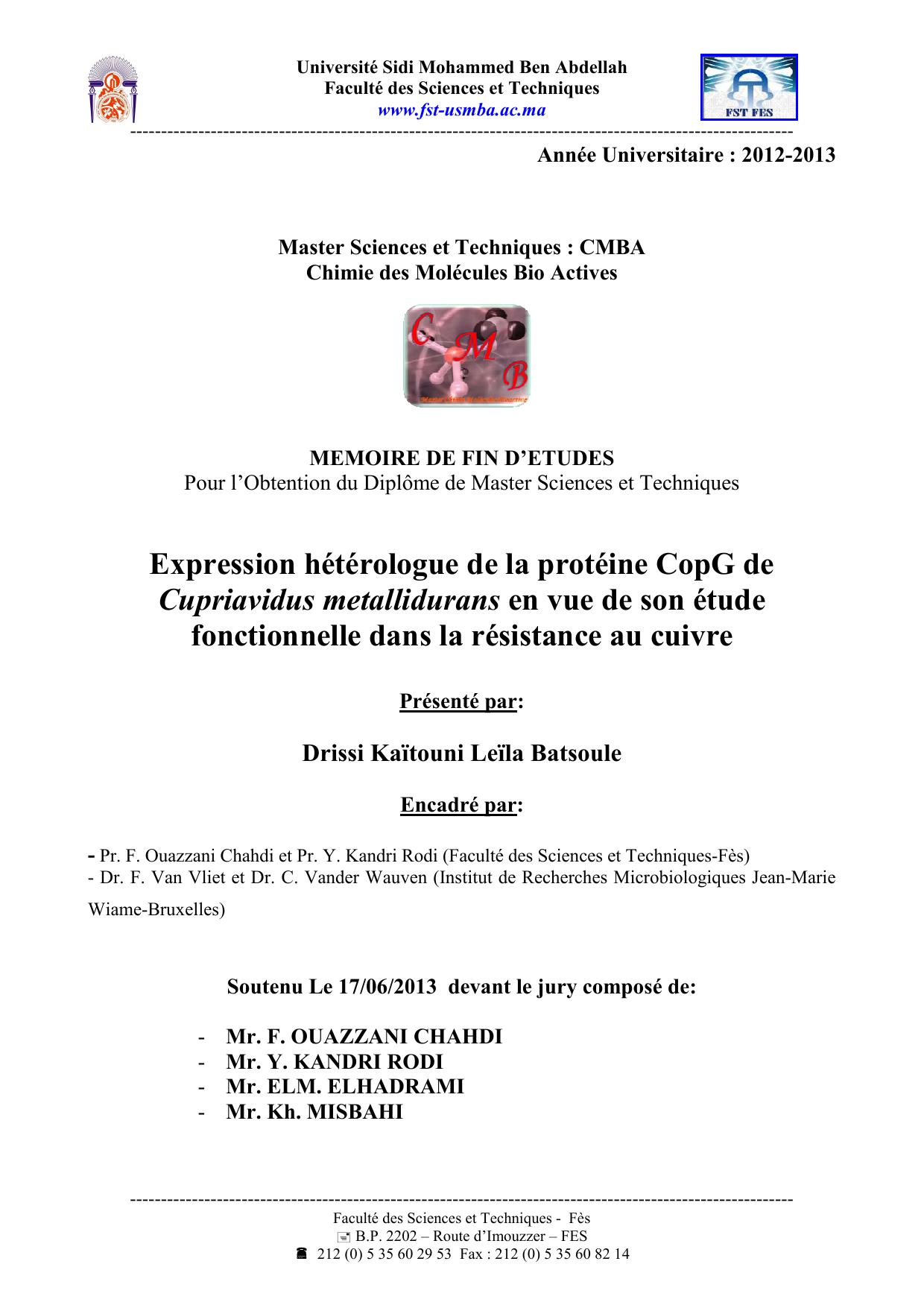 Expression hétérologue de la protéine CopG de Cupriavidus metallidurans en vue de son étude fonctionnelle dans la résistance au cuivre