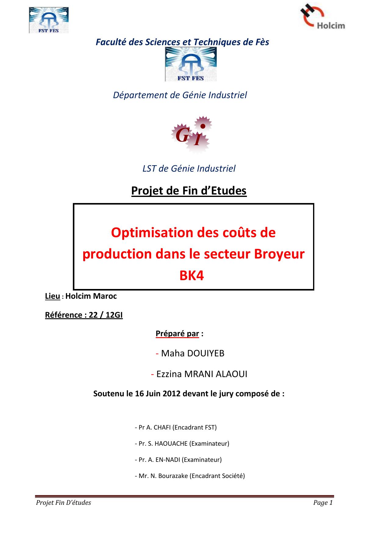 Optimisation des coûts de production dans le secteur Broyeur BK4