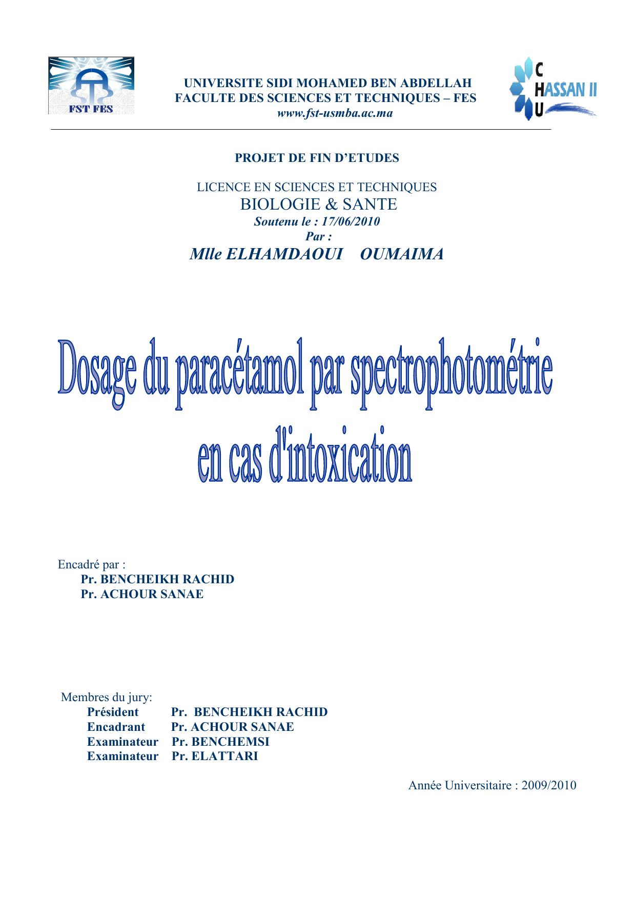 Dosage du paracétamol par spéctrophotmétrie en cas d'intoxication