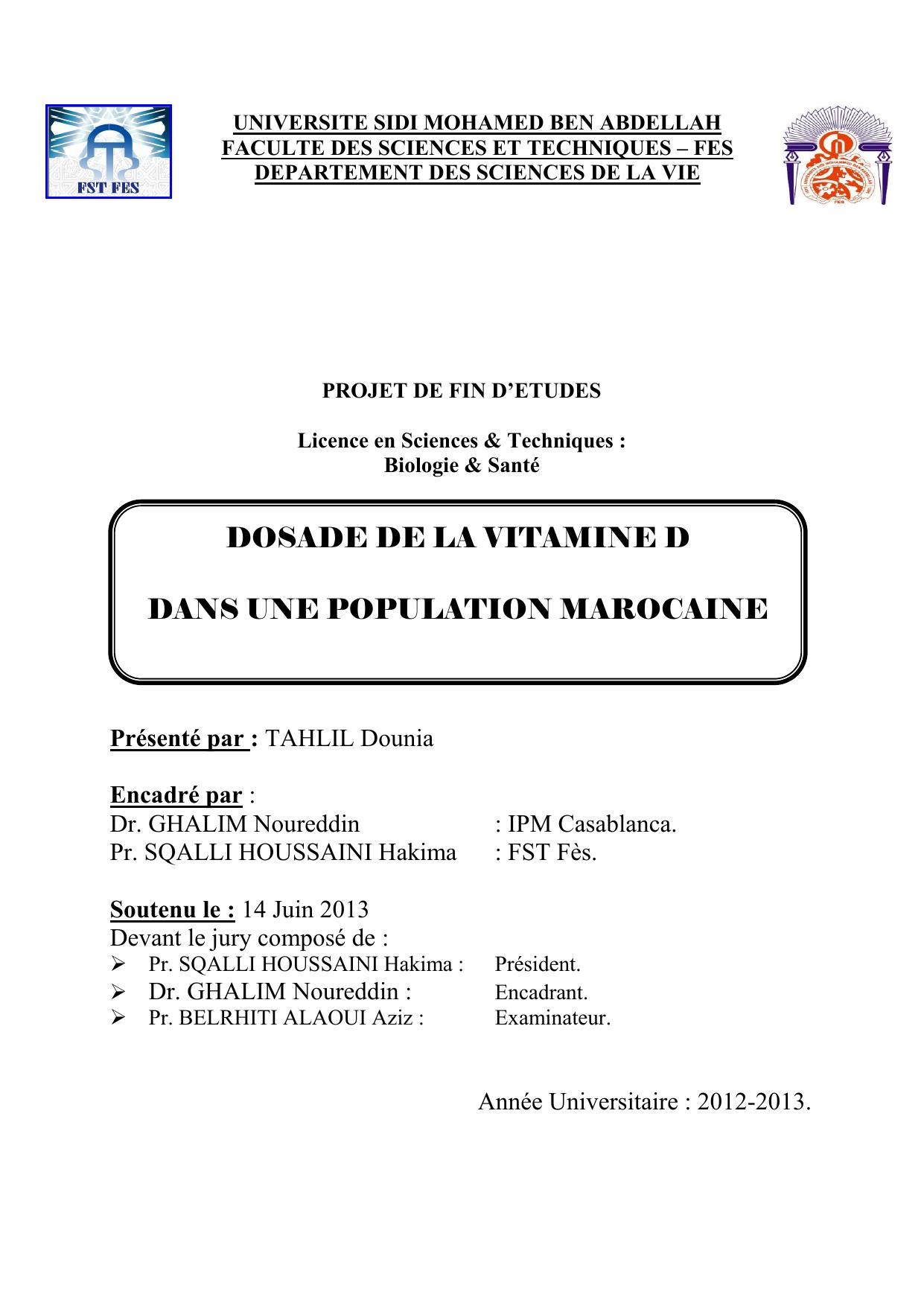 DOSADE DE LA VITAMINE D DANS UNE POPULATION MAROCAINE