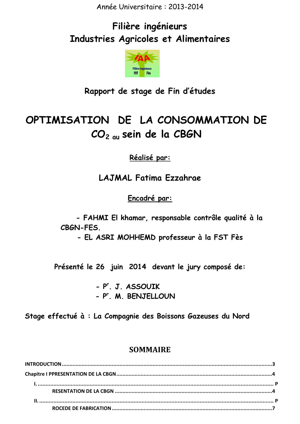 OPTIMISATION DE LA CONSOMMATION DE CO2 au sein de la CBGN