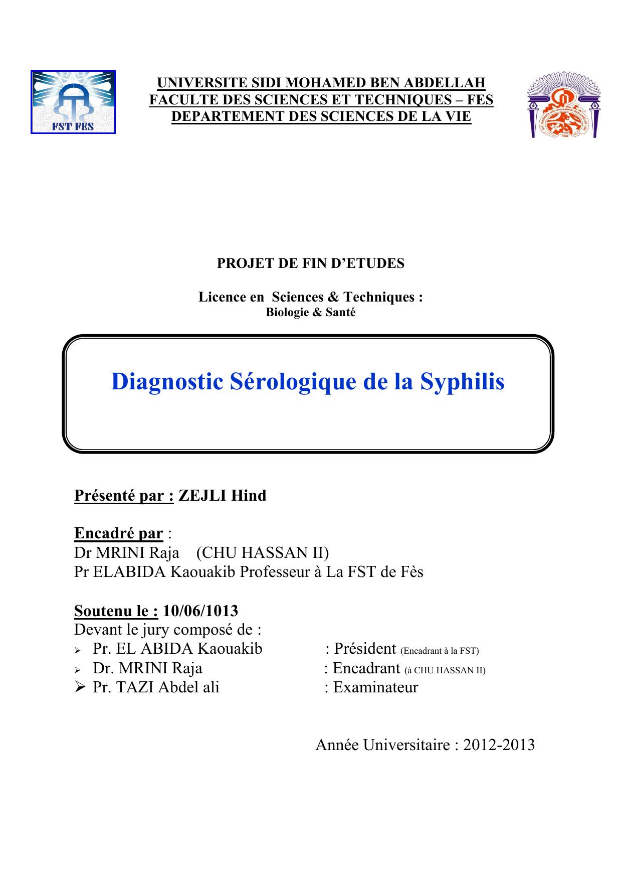 Diagnostic Sérologique de la Syphilis