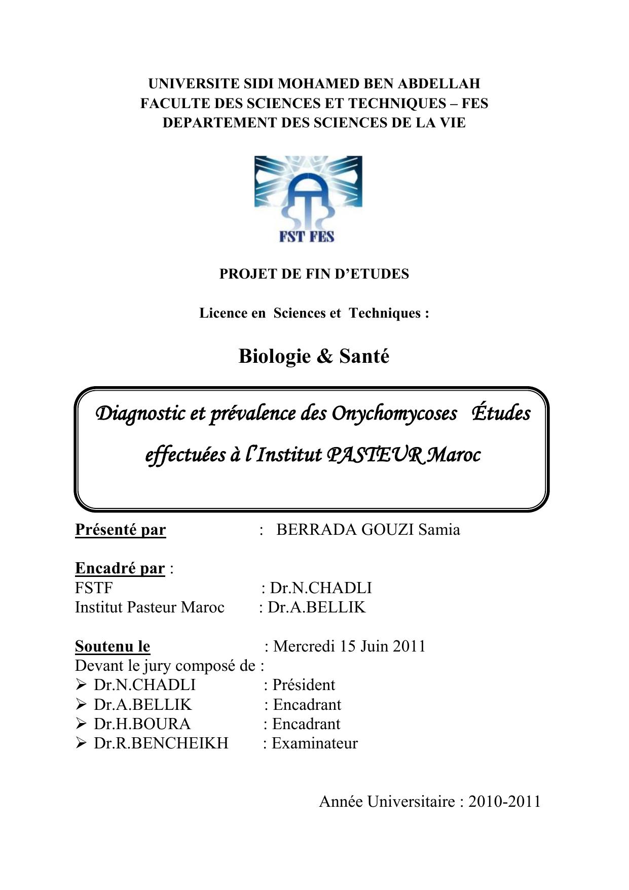 Diagnostic et prévalence des Onychomycoses Études effectuées à l’Institut PASTEUR Maroc