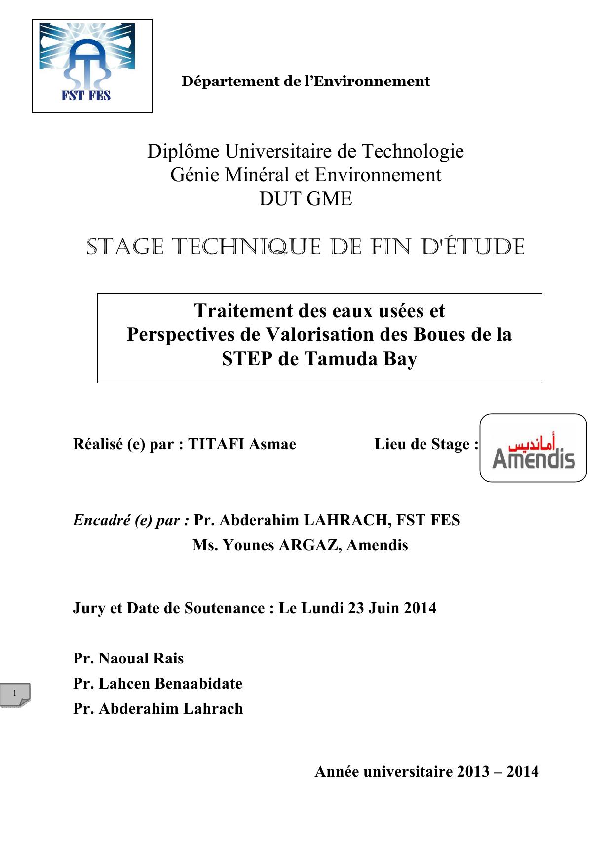 Traitement des eaux usées et Perspectives de Valorisation des Boues de la STEP de Tamuda Bay