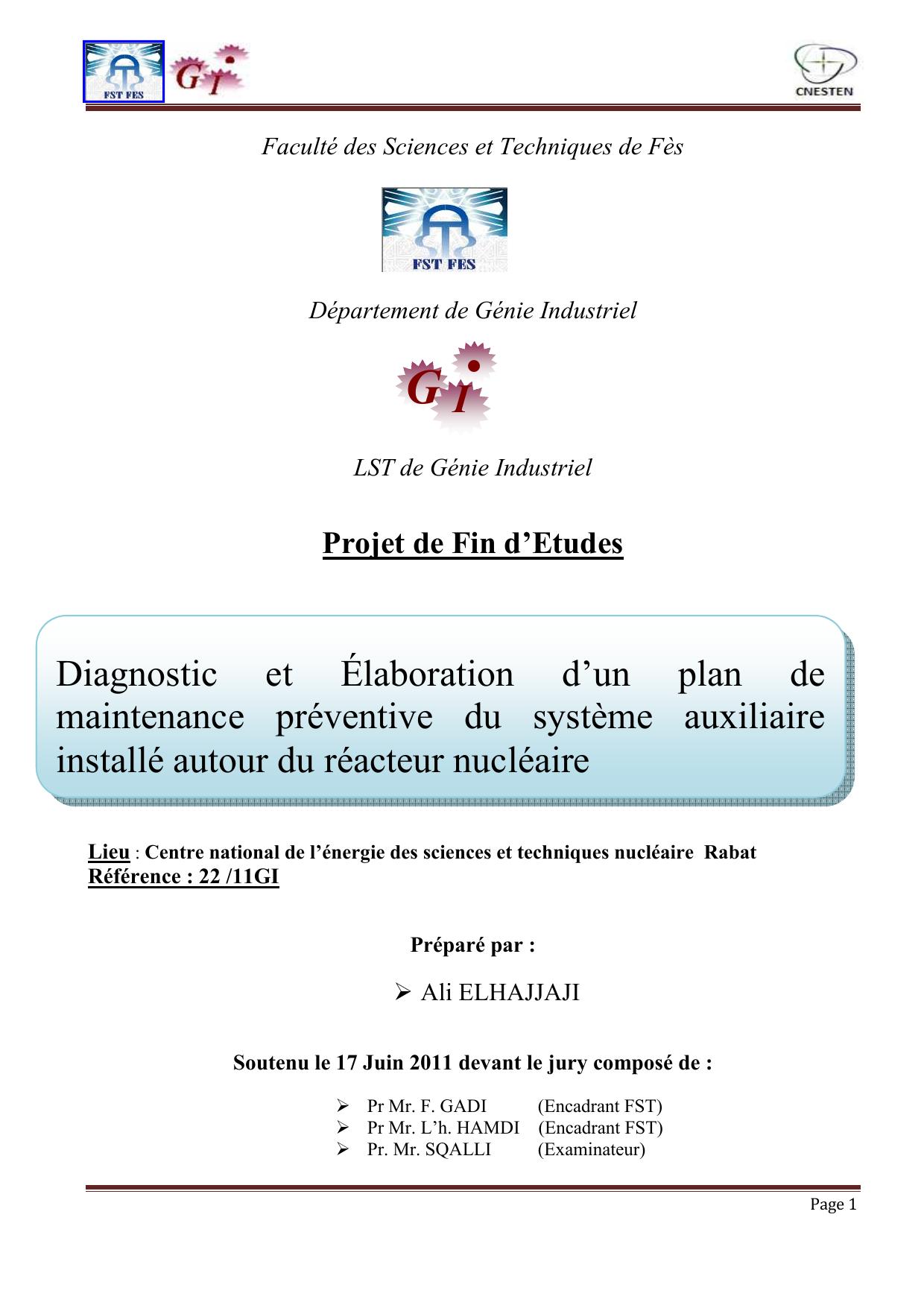 Diagnostic et Élaboration d’un plan de maintenance préventive du système auxiliaire installé autour du réacteur nucléaire