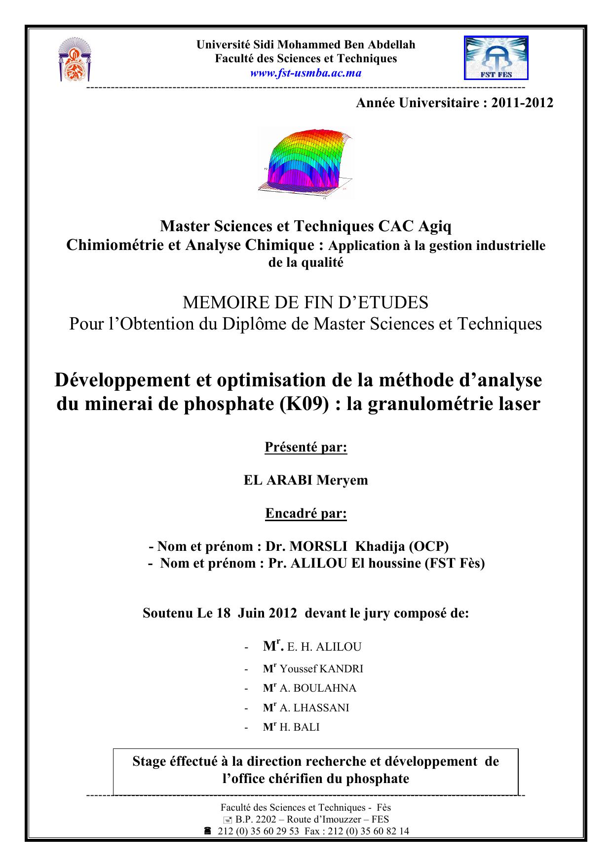 Développement et optimisation de la méthode d’analyse du minerai de phosphate (K09) : la granulométrie laser