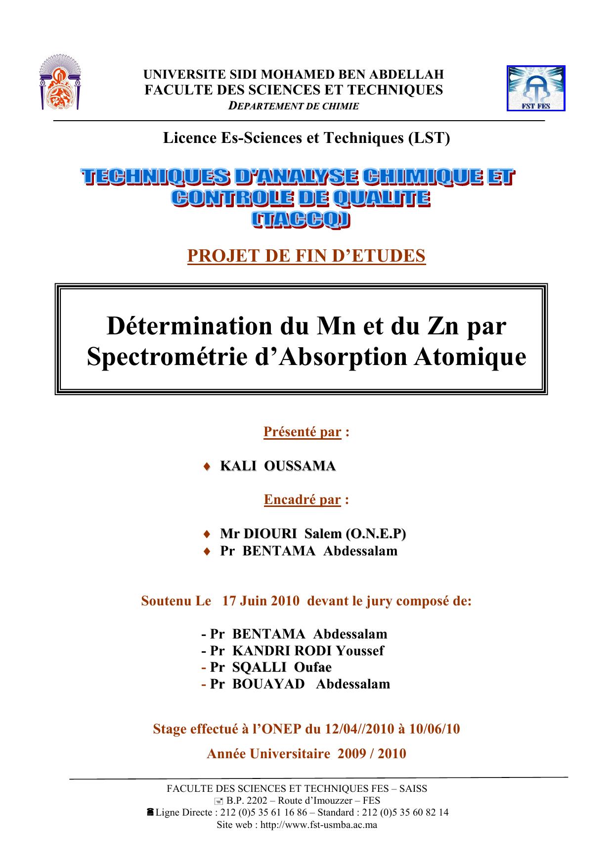 Détermination du Mn et du Zn par Spectrométrie d’Absorption Atomique