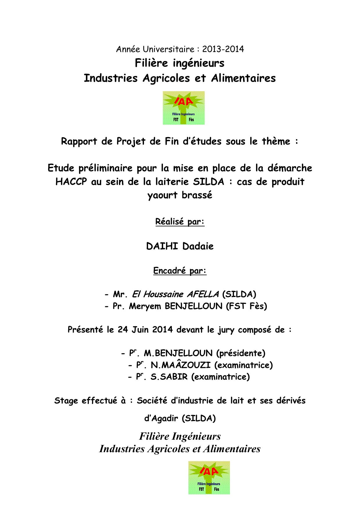 Etude préliminaire pour la mise en place de la démarche HACCP au sein de la laiterie SILDA : cas de produit yaourt brassé