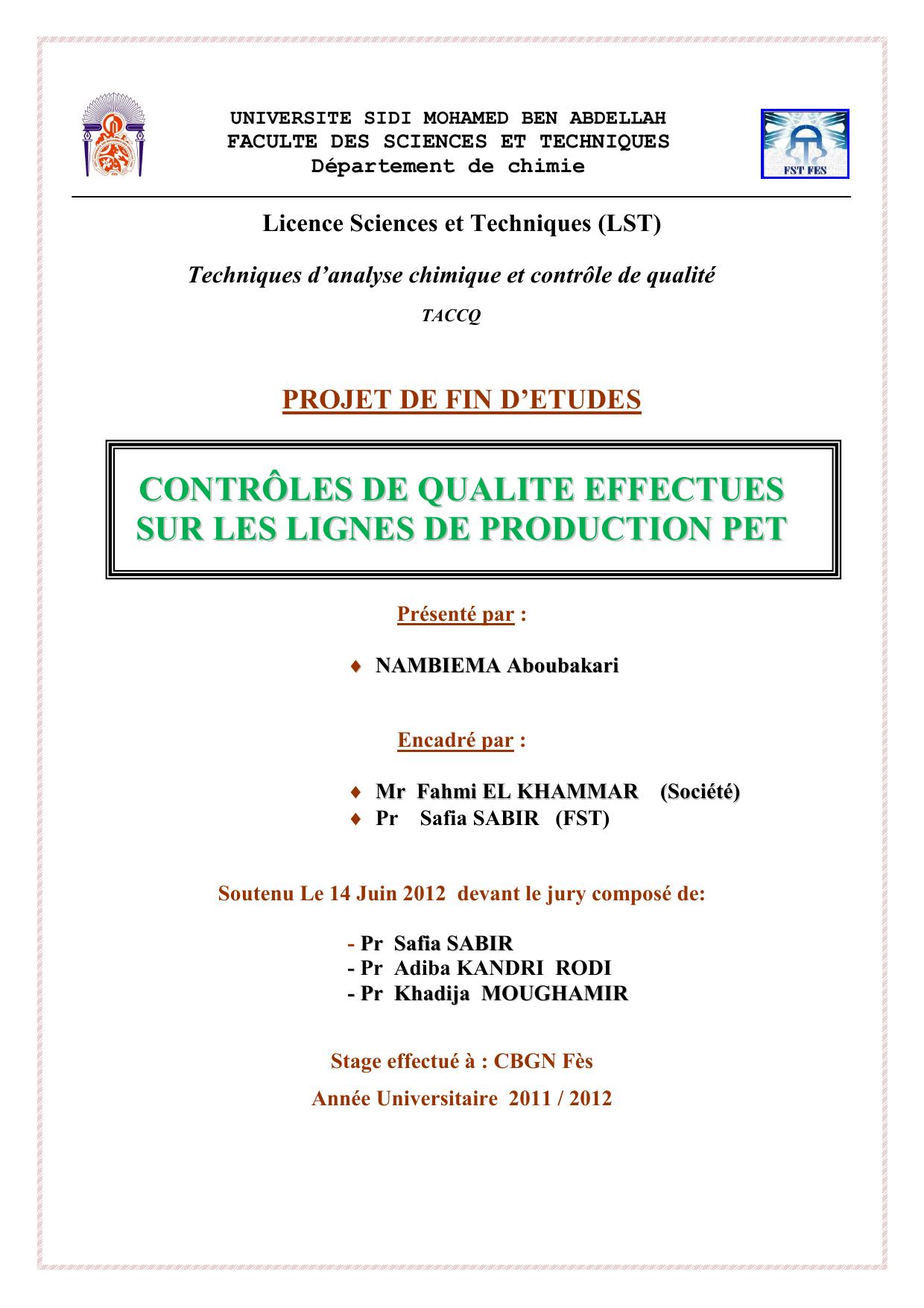 CONTRÔLES DE QUALITE EFFECTUES SUR LES LIGNES DE PRODUCTION PET