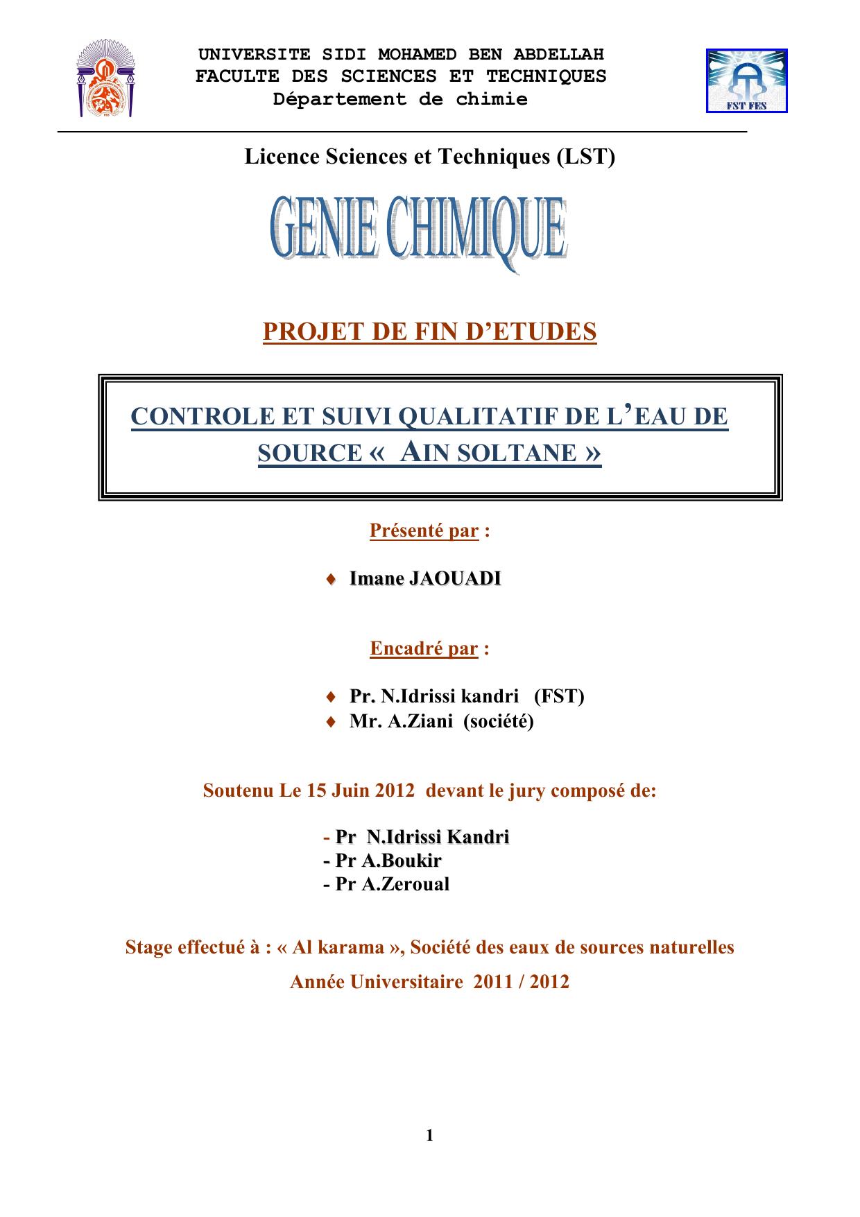 CONTROLE ET SUIVI QUALITATIF DE L’EAU DE SOURCE « AIN SOLTANE »