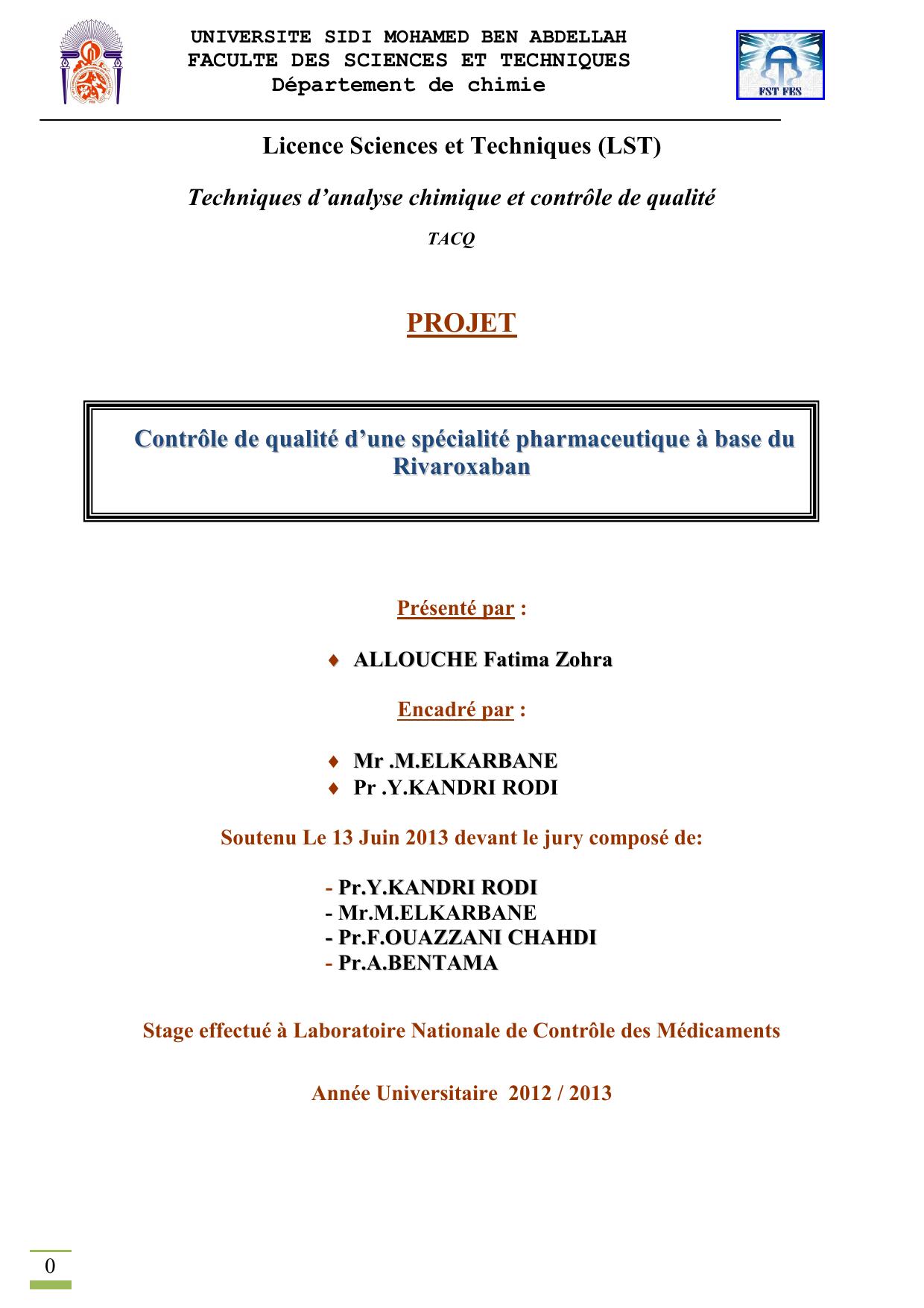 Contrôle de qualité d’une spécialité pharmaceutique à base du Rivaroxaban