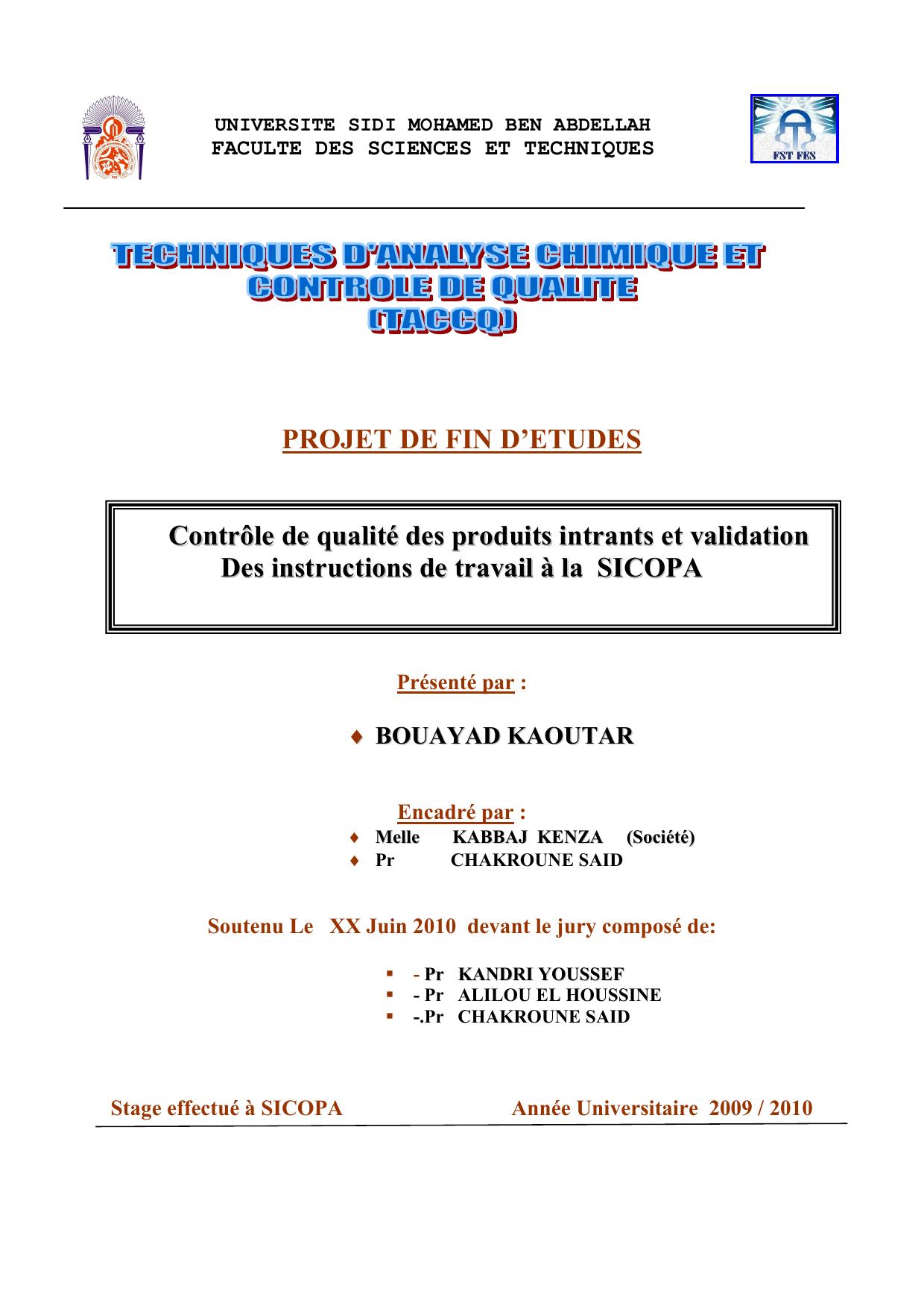 Contrôle de qualité des produits intrants et validation Des instructions de travail à la SICOPA