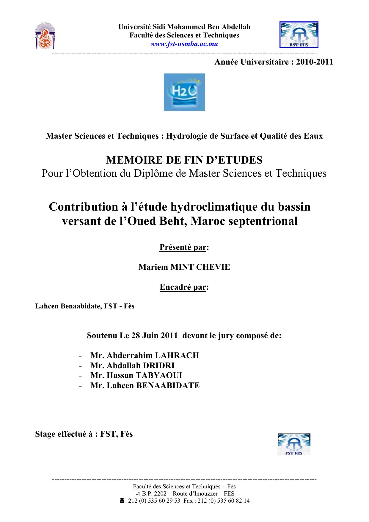 Contribution à l’étude hydroclimatique du bassin versant de l’Oued Beht, Maroc septentrional