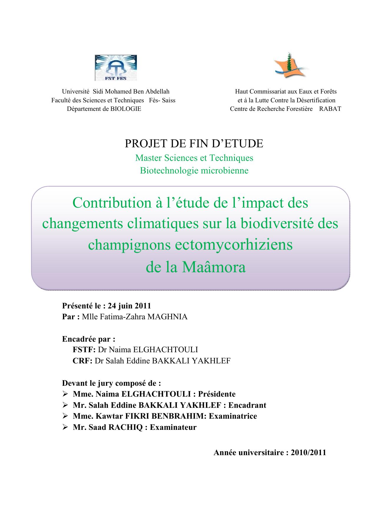 Contribution à l’étude de l’impact des changements climatiques sur la biodiversité des champignons ectomycorhiziens de la Maâmora