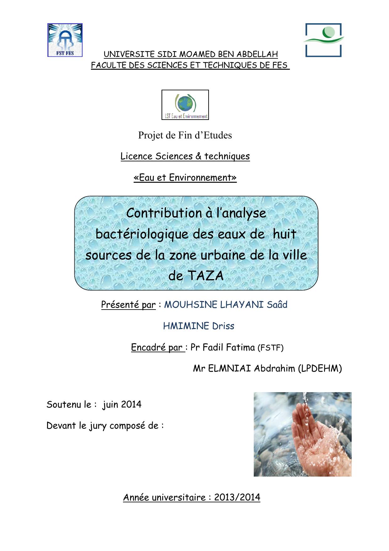 Contribution à l’analyse bactériologique des eaux de huit sources de la zone urbaine de la ville de TAZA