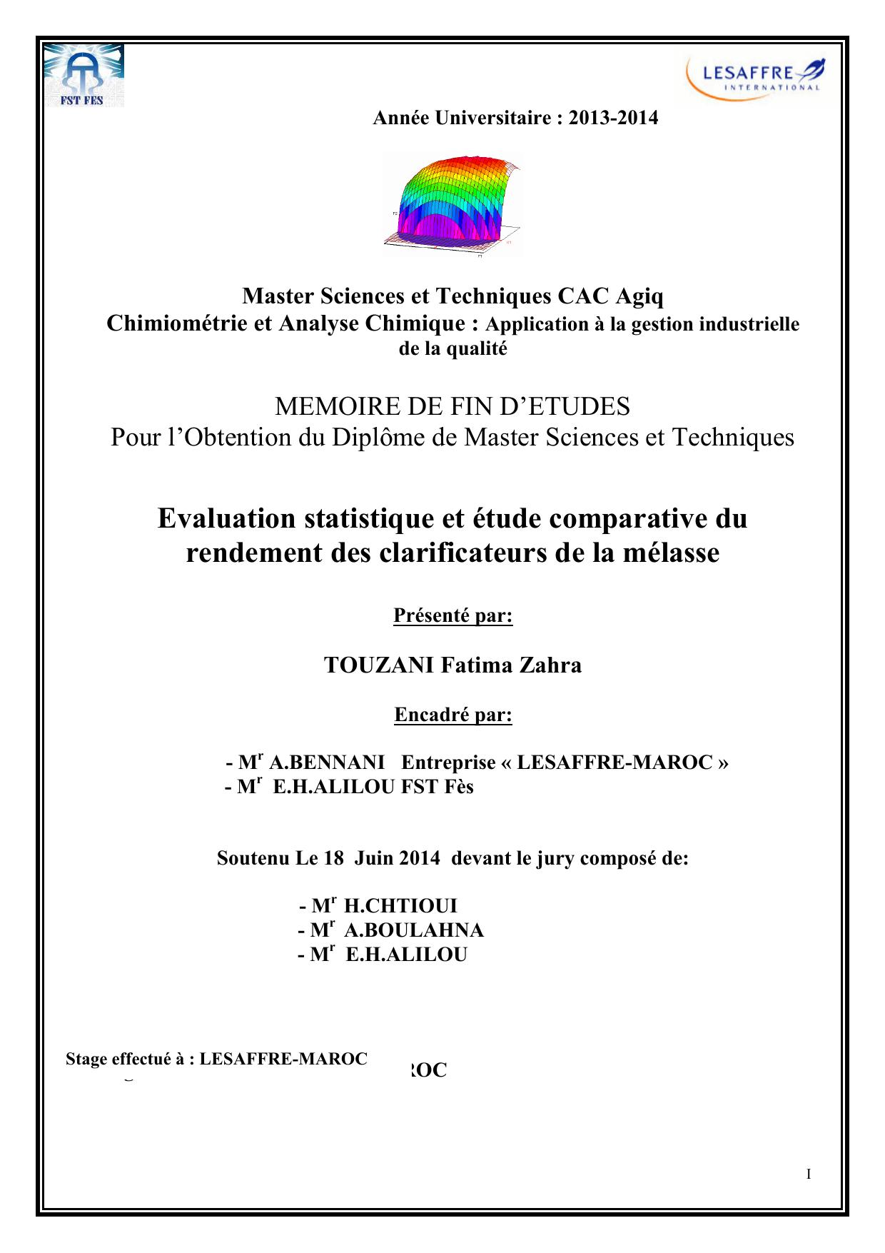 Evaluation statistique et étude comparative du rendement des clarificateurs de la mélasse