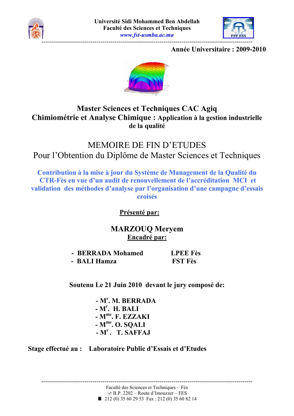 Contribution à la mise à jour du Système de Management de la Qualité du CTR-Fès en vue d’un audit de renouvellement de l’accréditation MCI et validation des méthodes d’analyse par l’organisation d’une campagne d’essais croisés