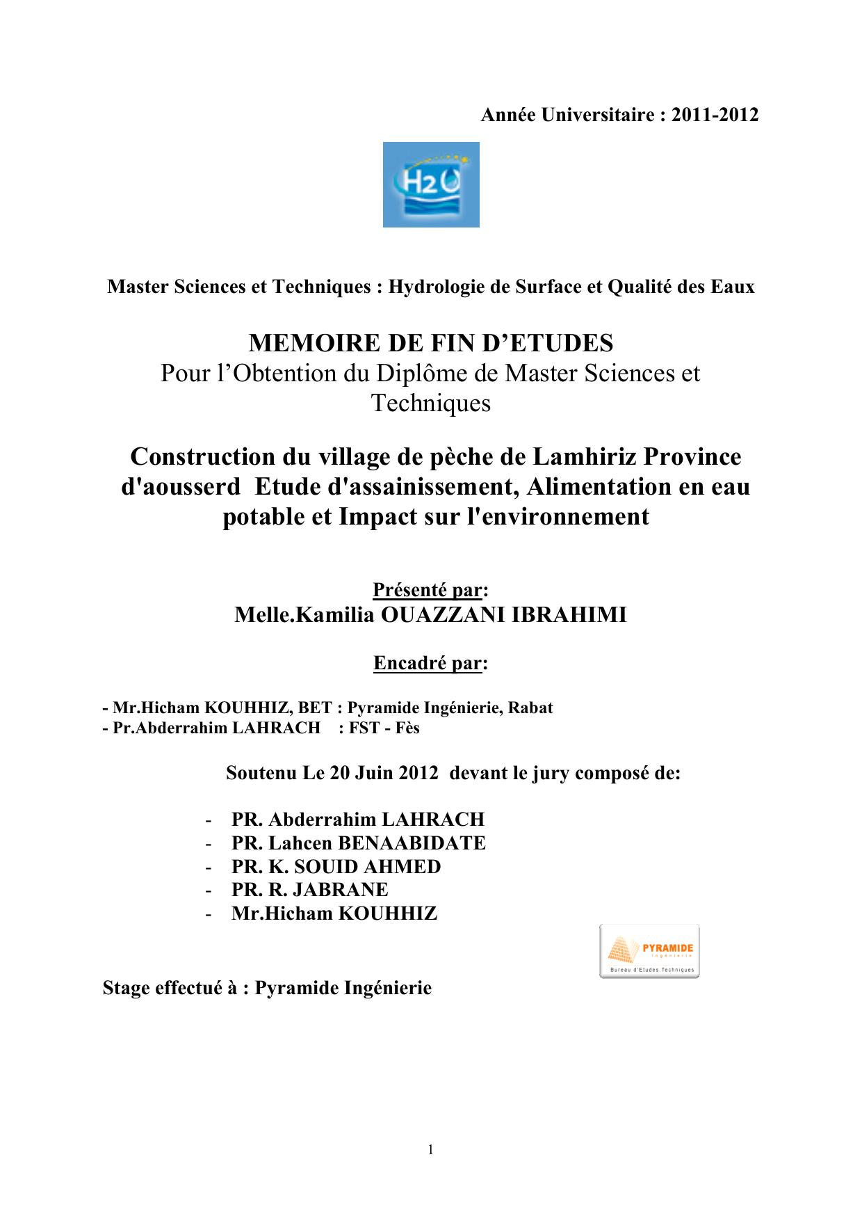 Construction du village de pèche de Lamhiriz Province d'aousserd Etude d'assainissement, Alimentation en eau potable et Impact sur l'environnement