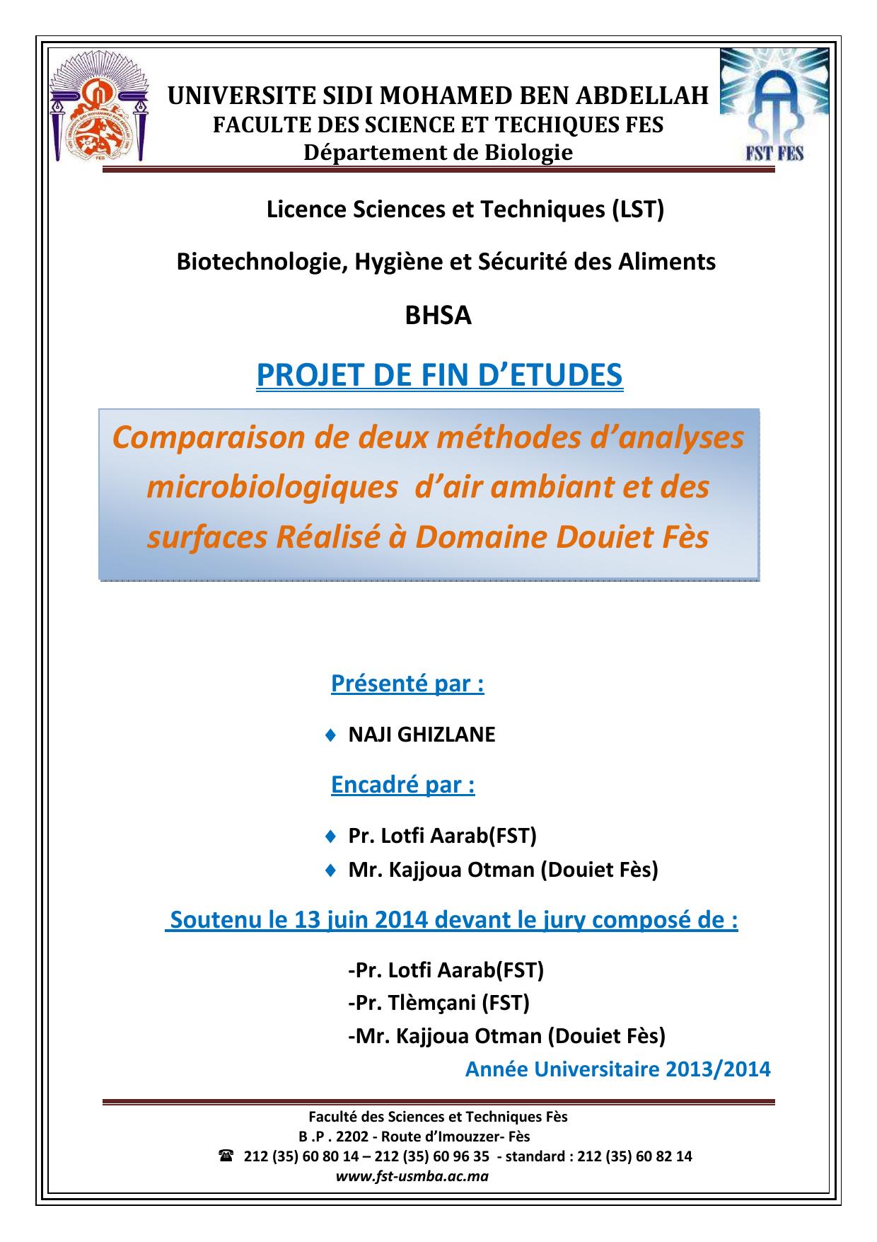 Comparaison de deux méthodes d’analyses microbiologiques d’air ambiant et des surfaces Réalisé à Domaine Douiet Fès