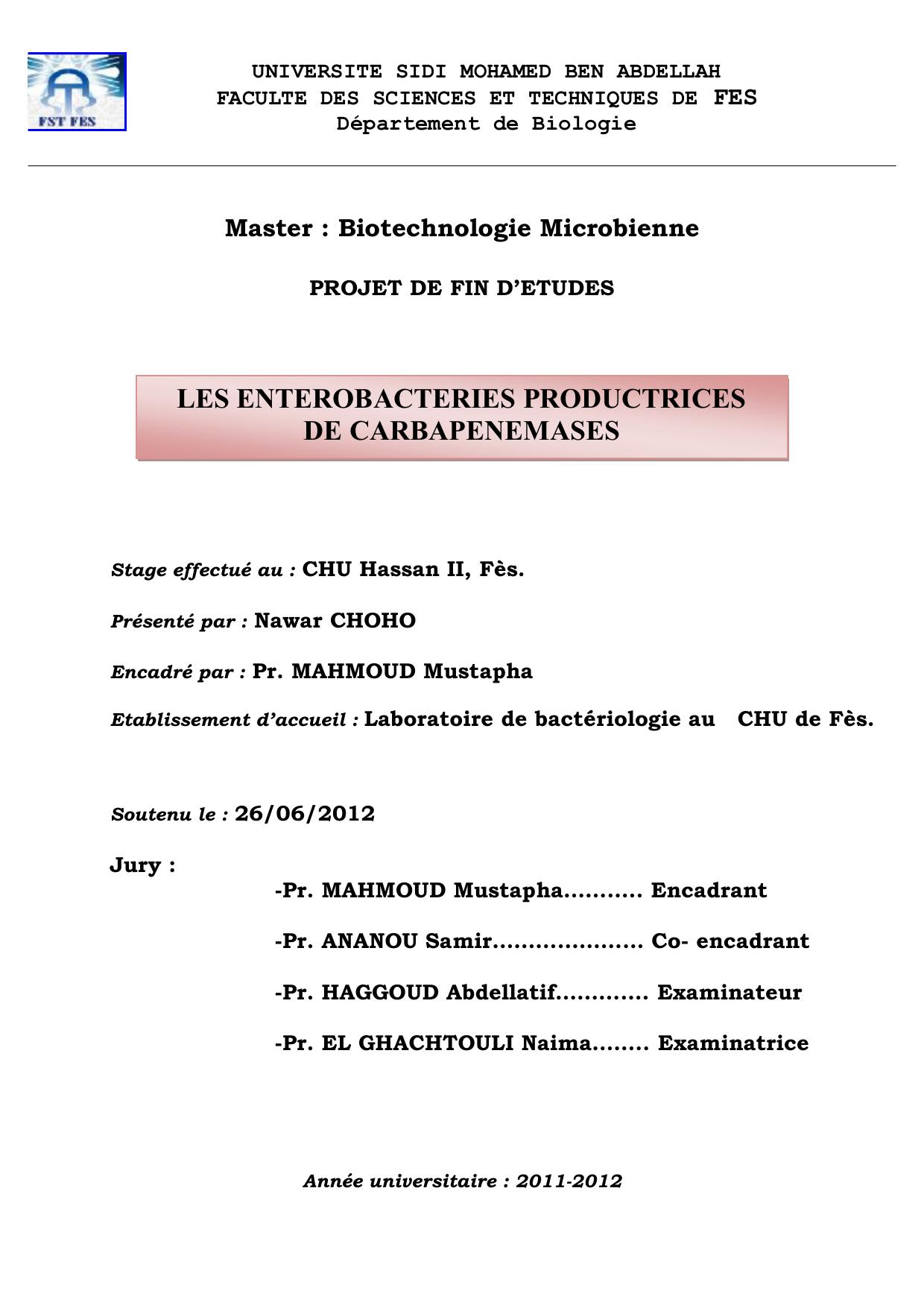 LES ENTEROBACTERIES PRODUCTRICES DE CARBAPENEMASES