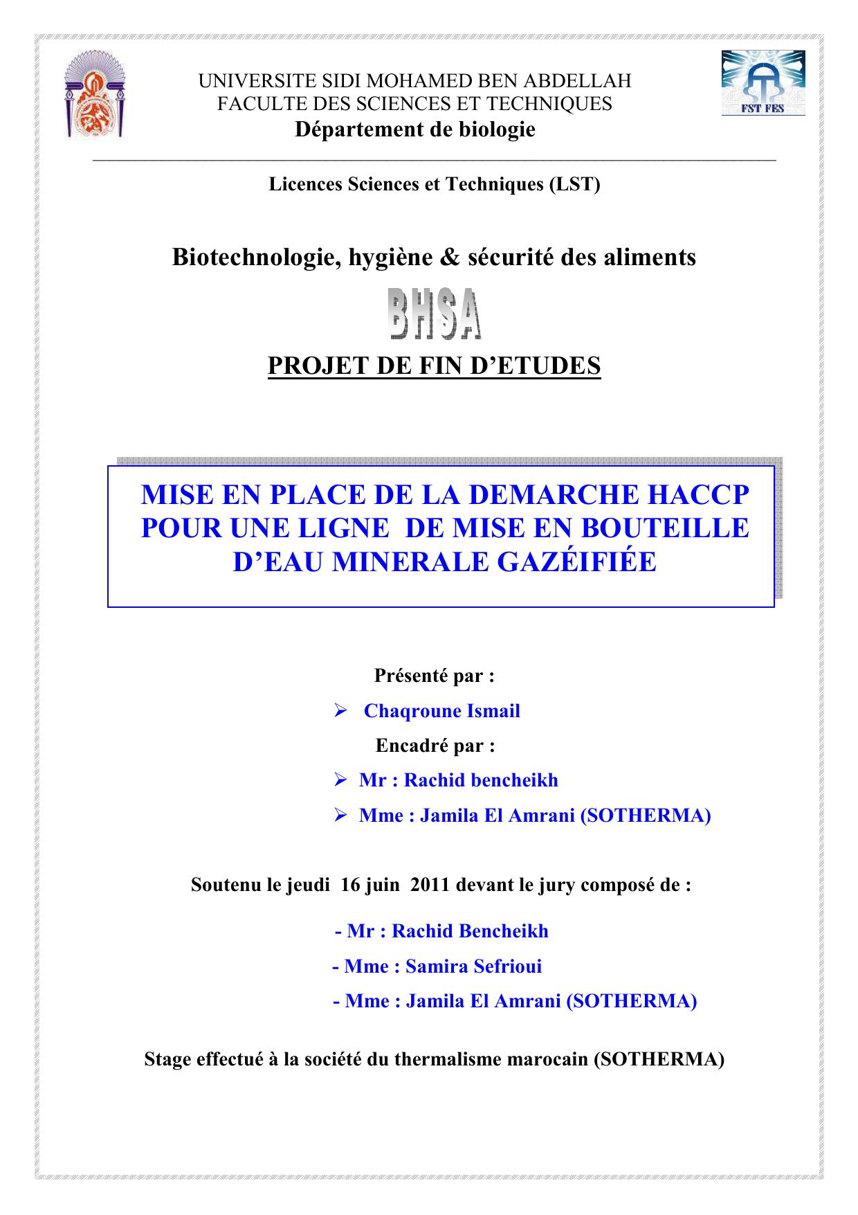 MISE EN PLACE DE LA DEMARCHE HACCP POUR UNE LIGNE DE MISE EN BOUTEILLE D’EAU MINERALE GAZÉIFIÉE