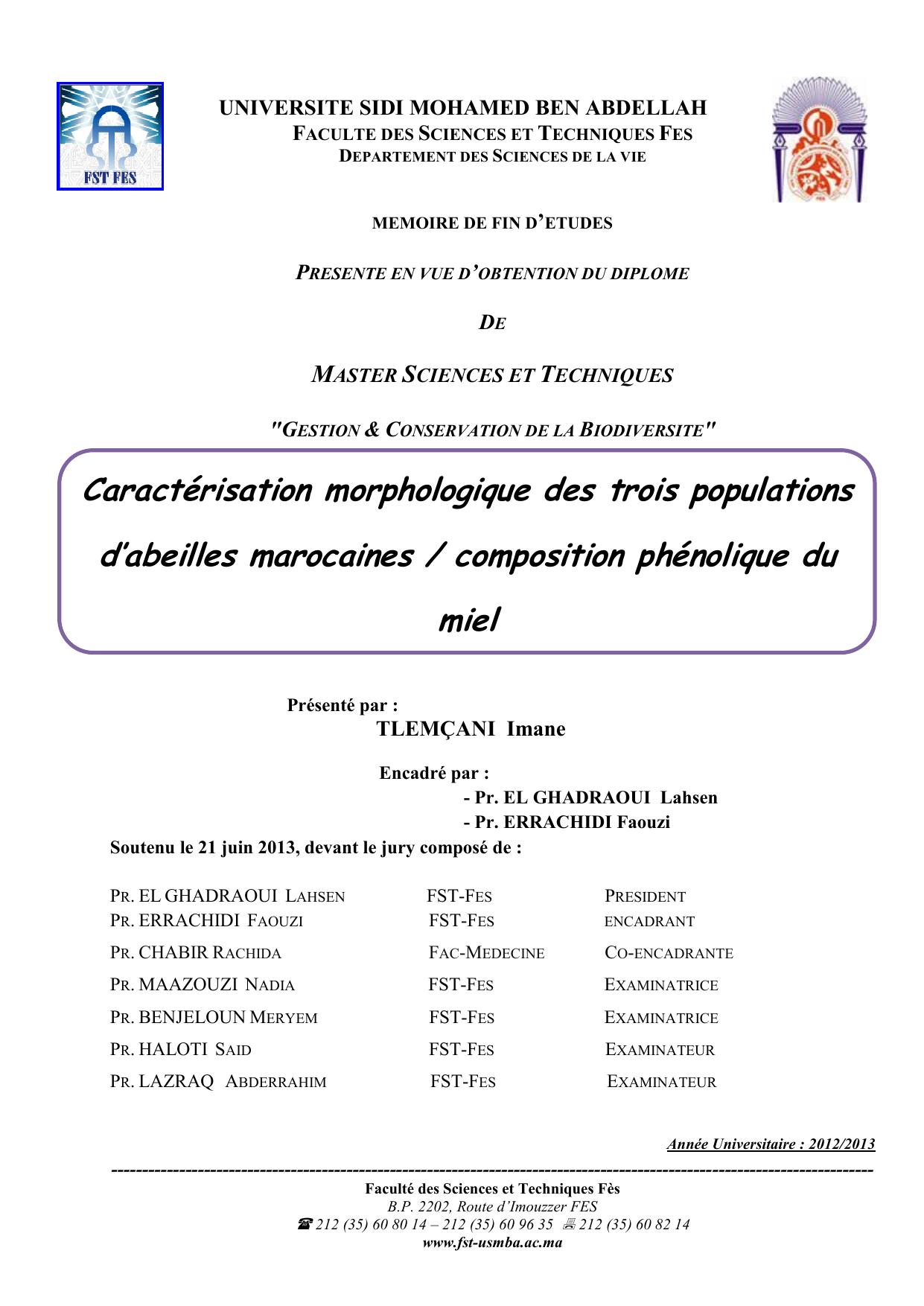 Caractérisation morphologique des trois populations d’abeilles marocaines / composition phénolique du miel