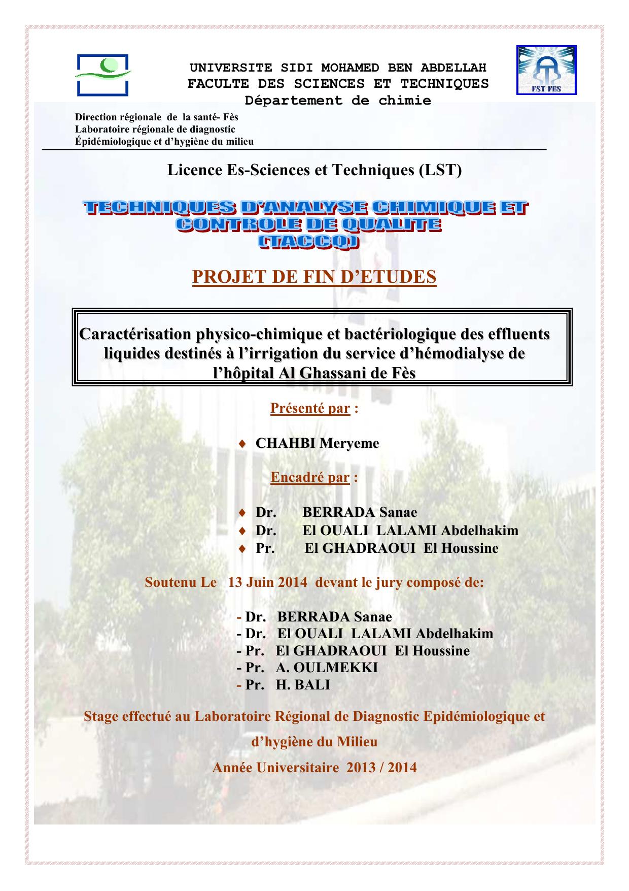 Caractérisation physico-chimique et bactériologique des effluents liquides destinés à l’irrigation du service d’hémodialyse de l’hôpital Al Ghassani de Fès