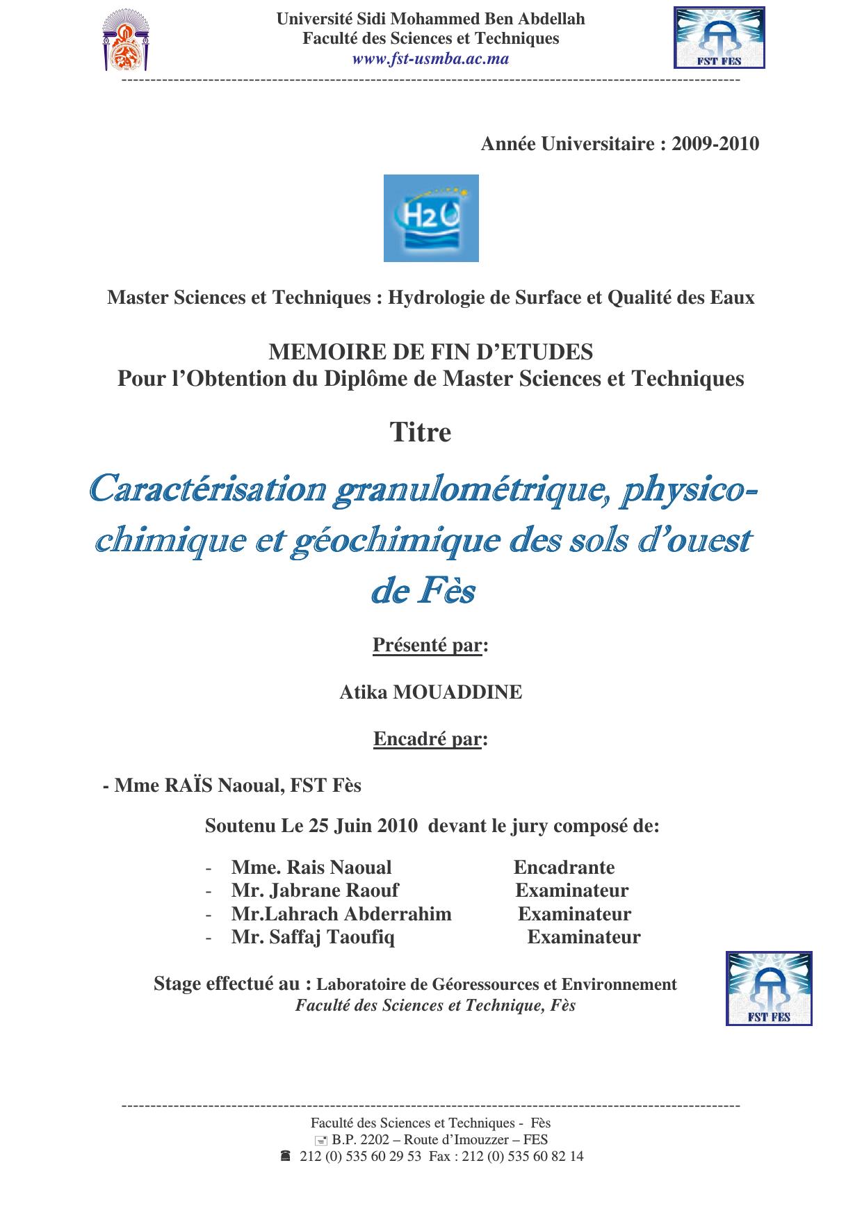 Caractérisation granulométrique, physicochimique et géochimique des sols d'Ouest de Fès