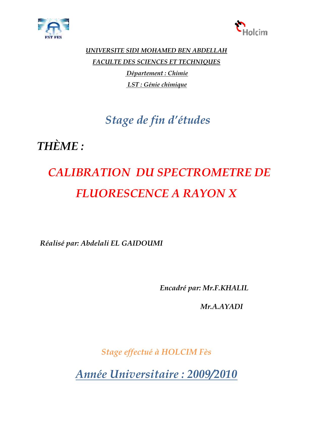 CALIBRATION DU SPECTROMETRE DE FLUORESCENCE A RAYON X