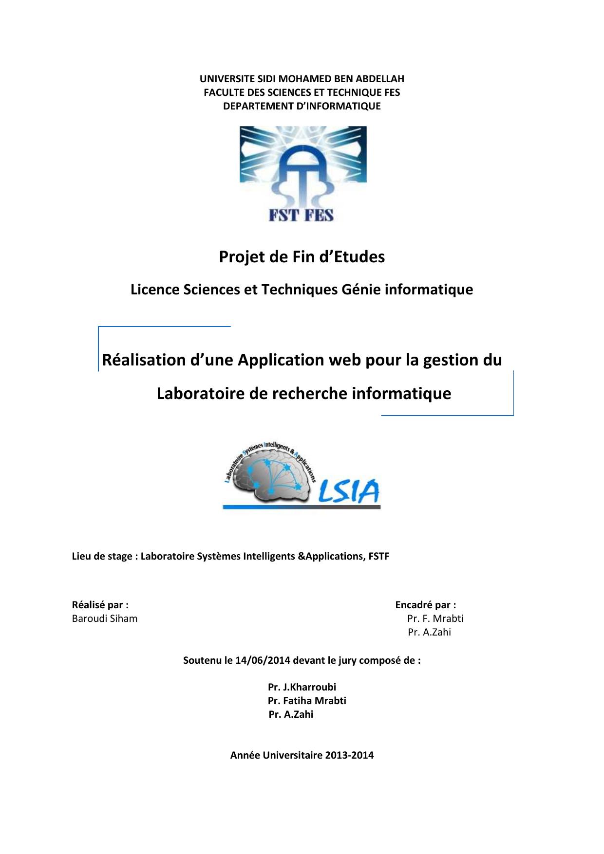 Réalisation d’une Application web pour la gestion du Laboratoire de recherche informatique