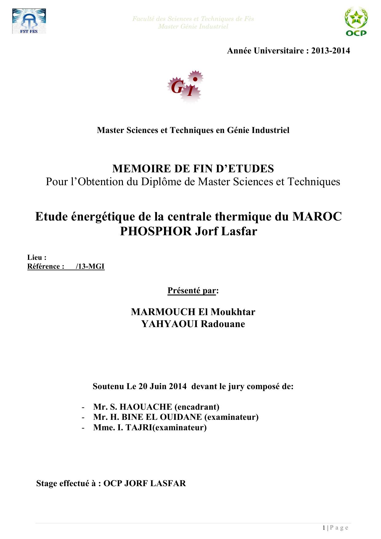 Etude énergétique de la centrale thermique du MAROC PHOSPHOR Jorf Lasfar