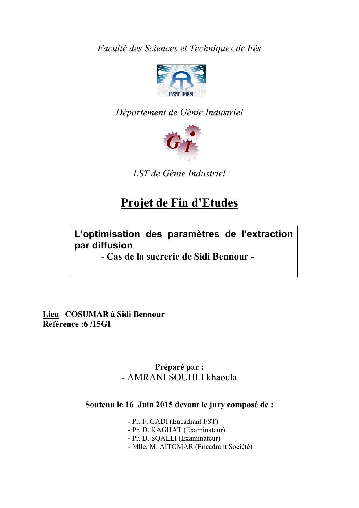 L’optimisation des paramètres de l’extraction par diffusion - Cas de la sucrerie de Sidi Bennour -