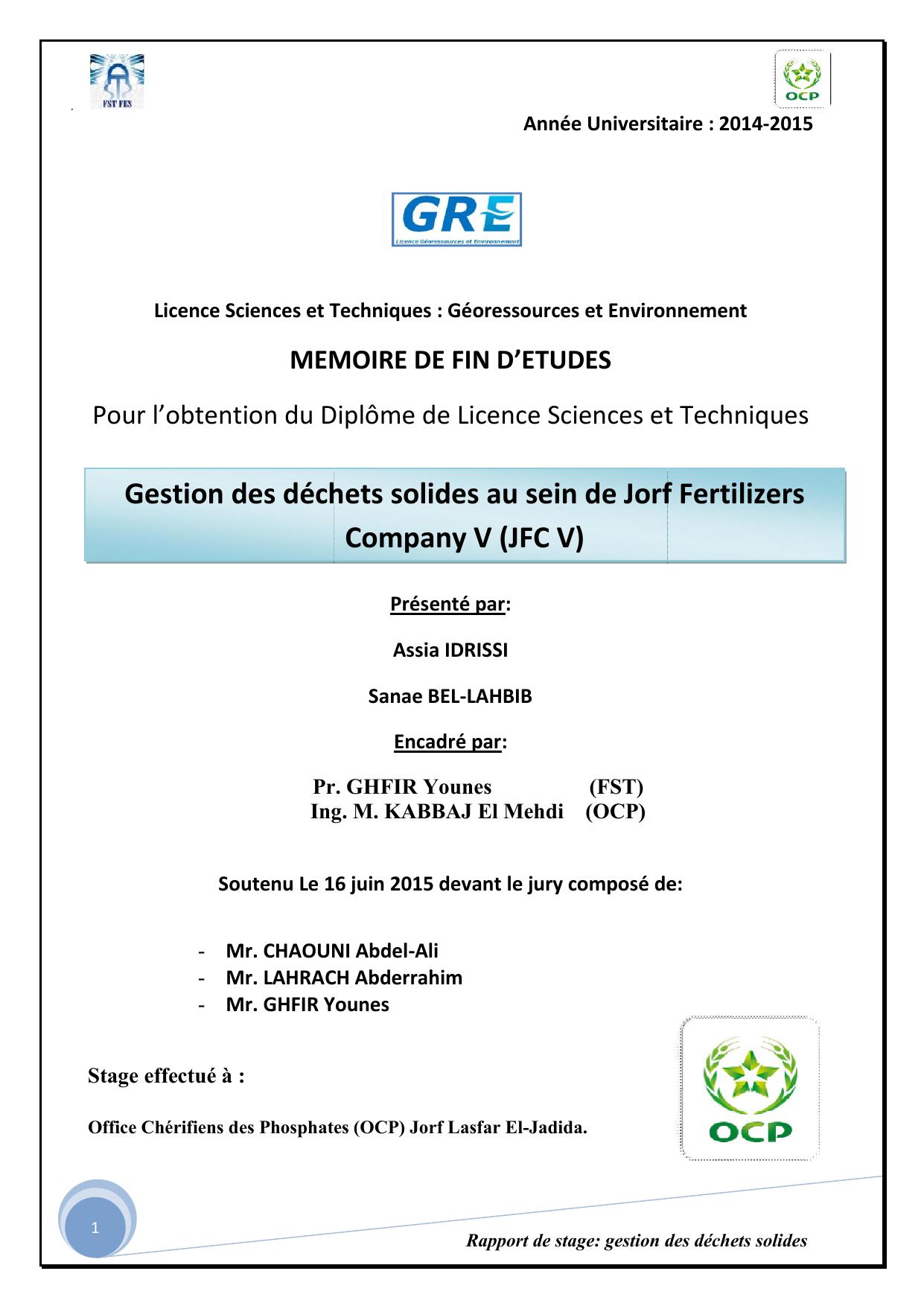 Gestion des déchets solides au sein de Jorf Fertilizers Company V (JFC V)