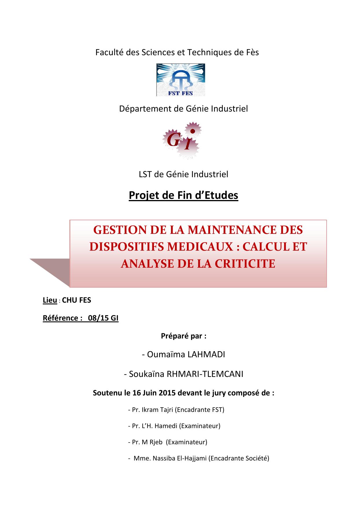 GESTION DE LA MAINTENANCE DES DISPOSITIFS MEDICAUX : CALCUL ET ANALYSE DE LA CRITICITE