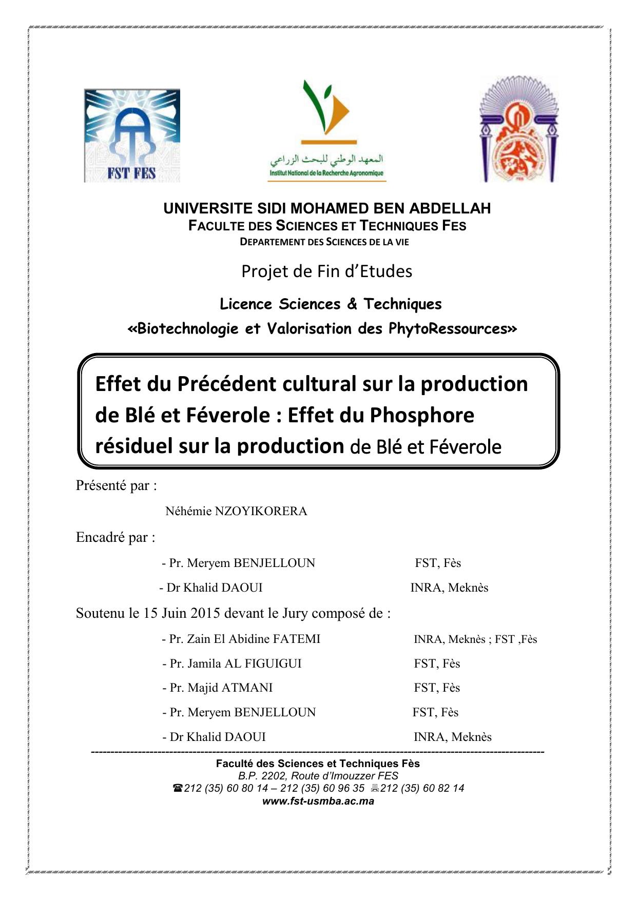 Effet du Précédent cultural sur la production de Blé et Féverole : Effet du Phosphore résiduel sur la production de Blé et Féverole