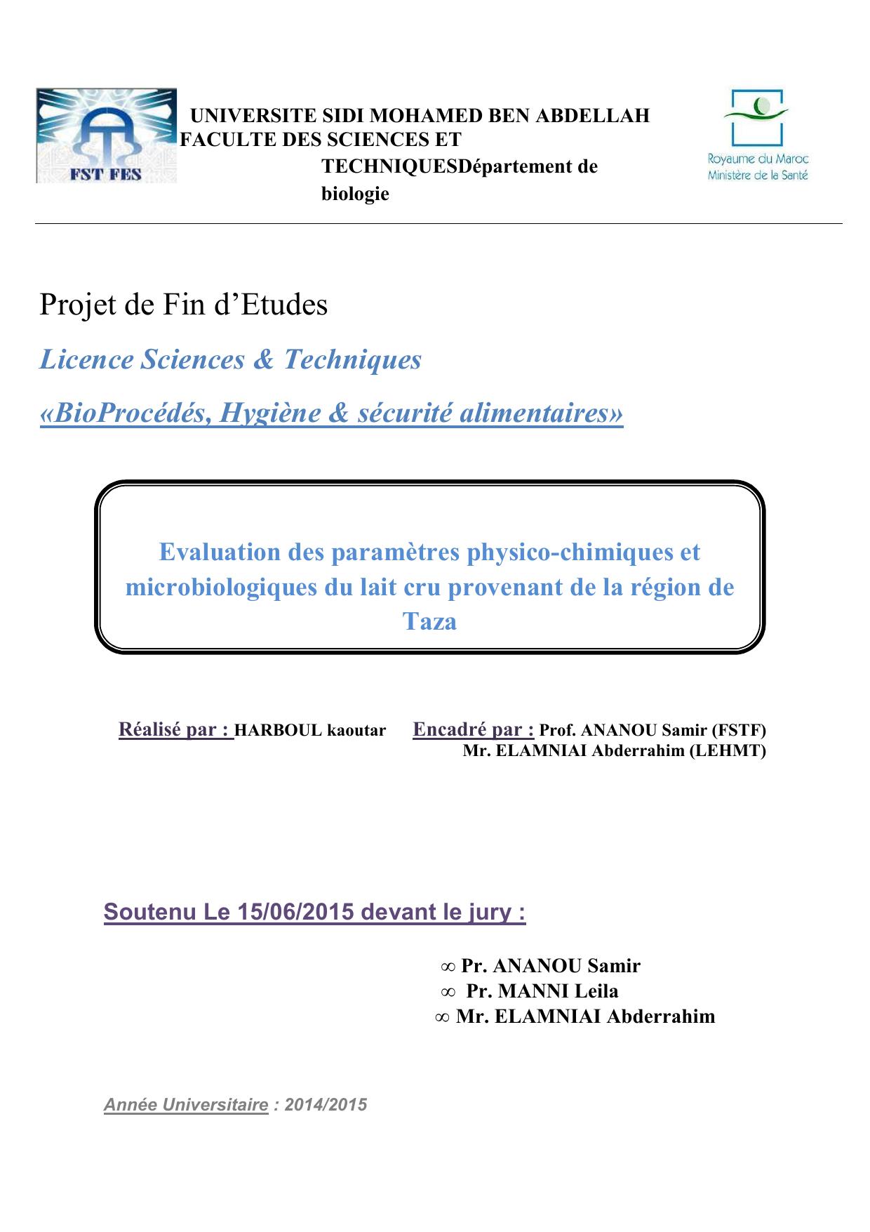 Evaluation des paramètres physico-chimiques et microbiologiques du lait cru provenant de la région de Taza