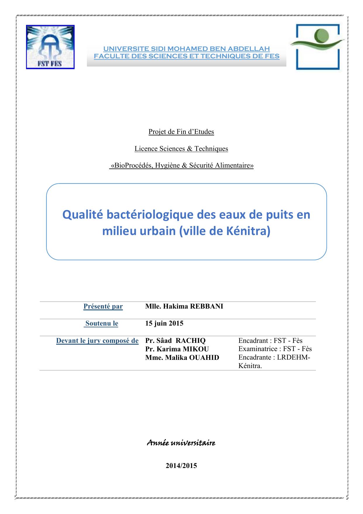 Qualité bactériologique des eaux de puits en milieu urbain (ville de Kénitra)